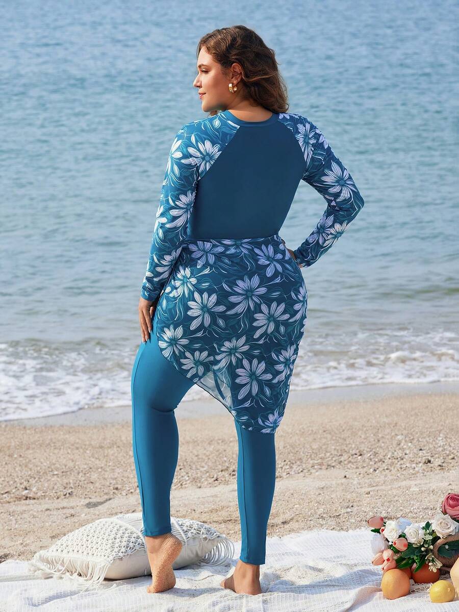 SHEIN Swim Mulvari Plus Size Women Floral Print Cut Out Long Sleeve