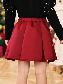 SHEIN Young Girl Woven Solid Color Beaded Casual Skirt, For Christmas