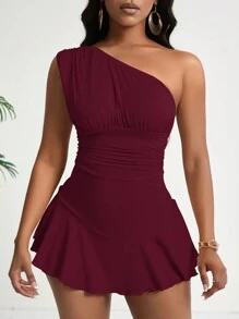 Zolique Women's Shoulder Strap Ruffle Trim Bodycon Romper