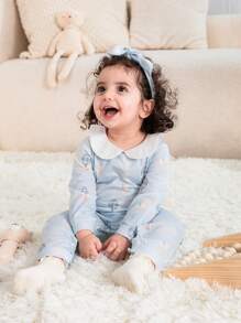 Baby Girl Elegant Tropical Balloon Pattern Collared Jumpsuit - Blue and White - View 3