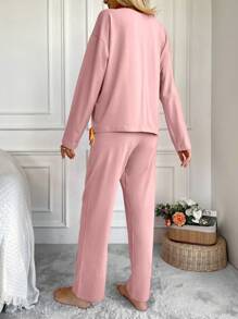 SHEIN Cottnline 女士纯色圆领长袖上衣和裤子睡衣套装 - 淺粉色 - 查看 2