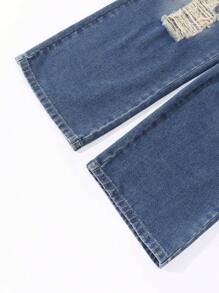 SHEIN Explorewe Teen Girls Street Style Sporty Fashion Loose Comfy Black & White Contrast Oversized Drop Shoulder T-Shirt & High Waist Vintage Distressed Wide Leg Jeans 2pcs Outfit Set, School, Campus, College Summer Holiday - Black - View 4