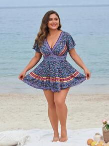 Swim Lushoire Plus Size Short Sleeve V-Neck Printed 2pcs Swimwear Set