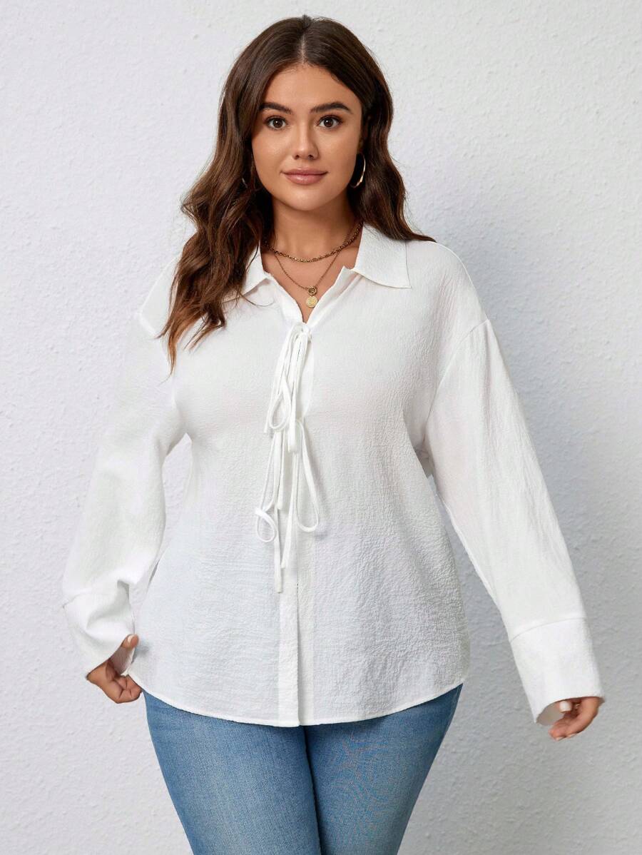 SHEIN LUNE Plus Size Solid Color Front-Tie Long Sleeve Casual Shirt ...