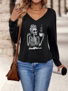 EMERY ROSE Women's Casual Minimalist Skull & Coffee Print V-Neck Long Sleeve T-Shirt, Suitable For Autumn/Winter Halloween - Black - View 4