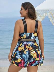 SHEIN Swim Curve Váy bơi in họa tiết nhiệt đới lưới ghép cỡ lớn, đi nghỉ thường ngày - Nhiều màu - Xem 2