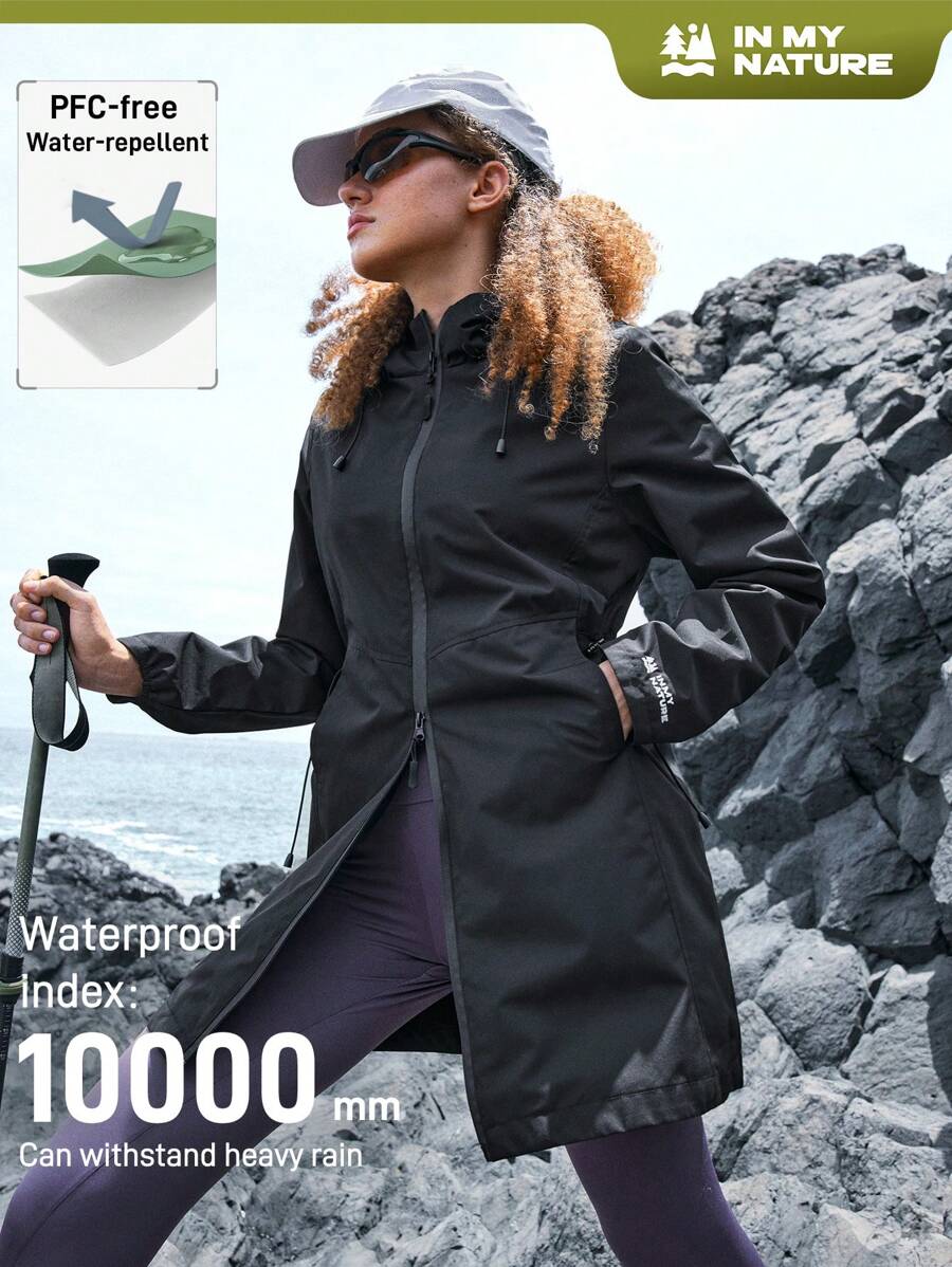 In My Nature 女士露肩印花拉链连帽休闲户外雨衣 - 黑色 - 查看 1