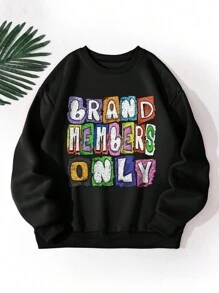 SHEIN Áo nỉ dài tay nữ dáng rộng in khẩu hiệu, thích hợp mặc mùa thu/đông, áo chui đầu dài tay mùa thu. - màu đen - Xem 4