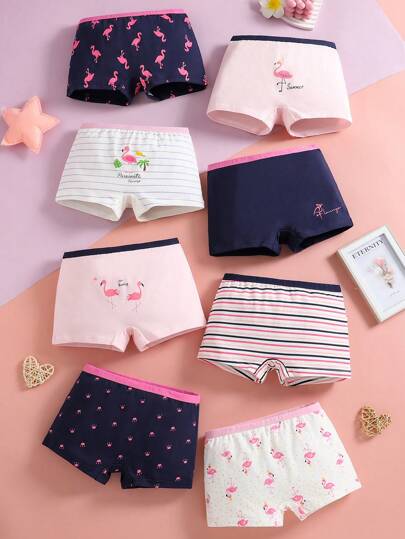 8条/包 女童可爱火烈鸟条纹撞色腰带纯棉三角裤