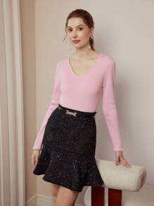 女士 V 领长袖珍珠装饰优雅毛衣，秋冬 - 粉色 - 查看 7