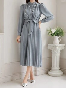 DAZY Solid Color Mid-Length Dress With Pleated Waistband For Women,Fall Clothes Long Sleeve Dress - Blue - View 8