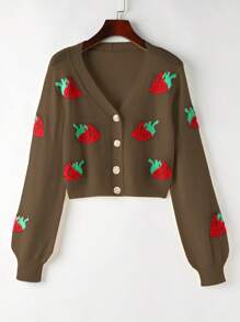 Flirla Women's Autumn/Winter Strawberry Pattern Long Sleeve Short Casual Cardigan