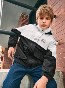 SHEIN Tween Boy 拼色袋鼠口袋连帽棉服外套，冬季 - 黑與白 - 查看 5