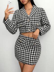 SHEIN Unity 2pcs Set: Elegant Houndstooth Cropped Jacket & A-Line Skirt, Spring Autumn - Black and White - View 4