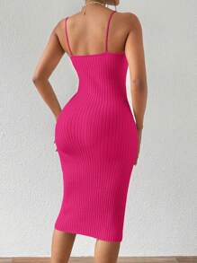 SHEIN Allurite Sleeveless Slim-Fit Midi Ribbed Knitted Dress For Women, Christmas - Hot Pink - View 7