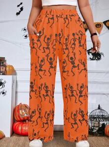 SHEIN LUNE Plus Size Women Halloween Skull Printed Elastic Waist Loose Wide Leg Casual Pants Fall Cloth For Women
