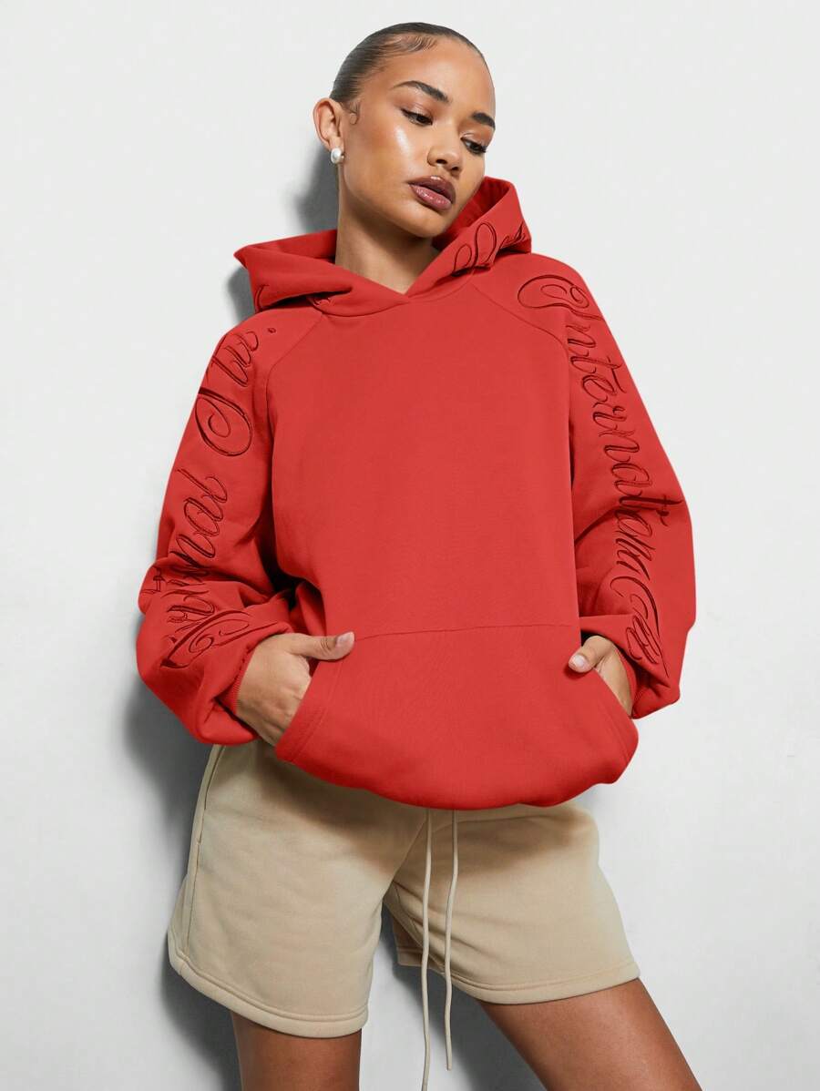 SUMWON WOMEN Cozy Athleisure Hoodie Oversized Script Logo Sleeve Sweatshirt Winter Sports Athletic Workout Loungewear - Red - View 1