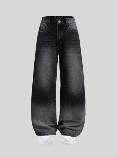 SHEIN Girlism Tween Girl Tween Girl Y2K 时尚复古水洗高腰猫须水洗宽松阔腿牛仔裤，Tween Girl 秋装返校街头装