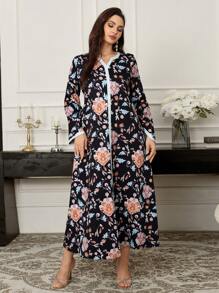 Al Najma Solid Color Splice Notched Neck Long Sleeve Modest Dress, Casual Daily Wear - Black - View 3