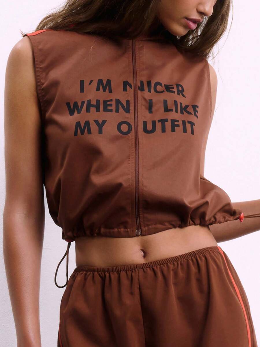 SHEIN Unity Vintage Colorblock Letter Print Zipper Front Turtleneck Sleeveless Sport Cargo Vest - Multicolor - View 1