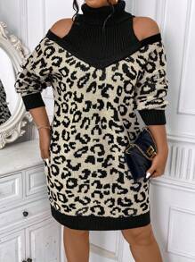 Celure Plus Size Women's Leopard Print Off Shoulder Long Sleeve Loose Straight Sweater Dress, Autumn/Winter