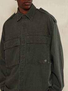 SUMWON Boxy Longline Utility Denim Shirt With Shoulder Tab Detail - Army Green - View 3