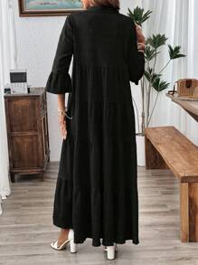 EMERY ROSE V-Neck Ruffled Sleeve & High-Low Hem Tree Leaf Print Casual Fall Long Dress For Women Viscose Dress - Black - View 2