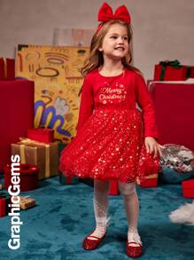 年轻女孩圣诞雪花印花长袖金属网眼撞色连衣裙，圣诞连衣裙