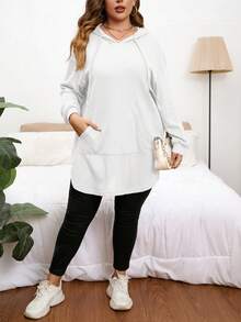 SHEIN Privé 大码休闲袋鼠口袋抽绳卫衣，秋季款 - 白色 - 查看 3