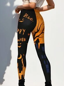 女式万圣节印花弹力紧身裤流行印花高腰优质慢跑运动裤 Y2K 风格