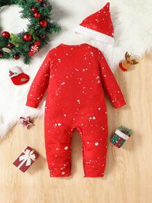 SHEIN Baby Girls Cute Snowball Graphic Fleece Jumpsuit With Hat 2pcs Homewear Pajama Set, Christmas Red - Red - View 2