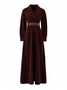 Europe And The United States Burst Simple Lapel Solid Color French Retro Women Waistband Dress Y2K Autumn And Winter Corduroy Suit Collar Long Sleeve Slimming Elegant Pocket Lady Mid-Length Dress