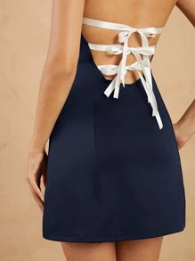 L'Amorae Contrast Back Bow Ties Sleeveless Mini Dress - Navy Blue - View 3