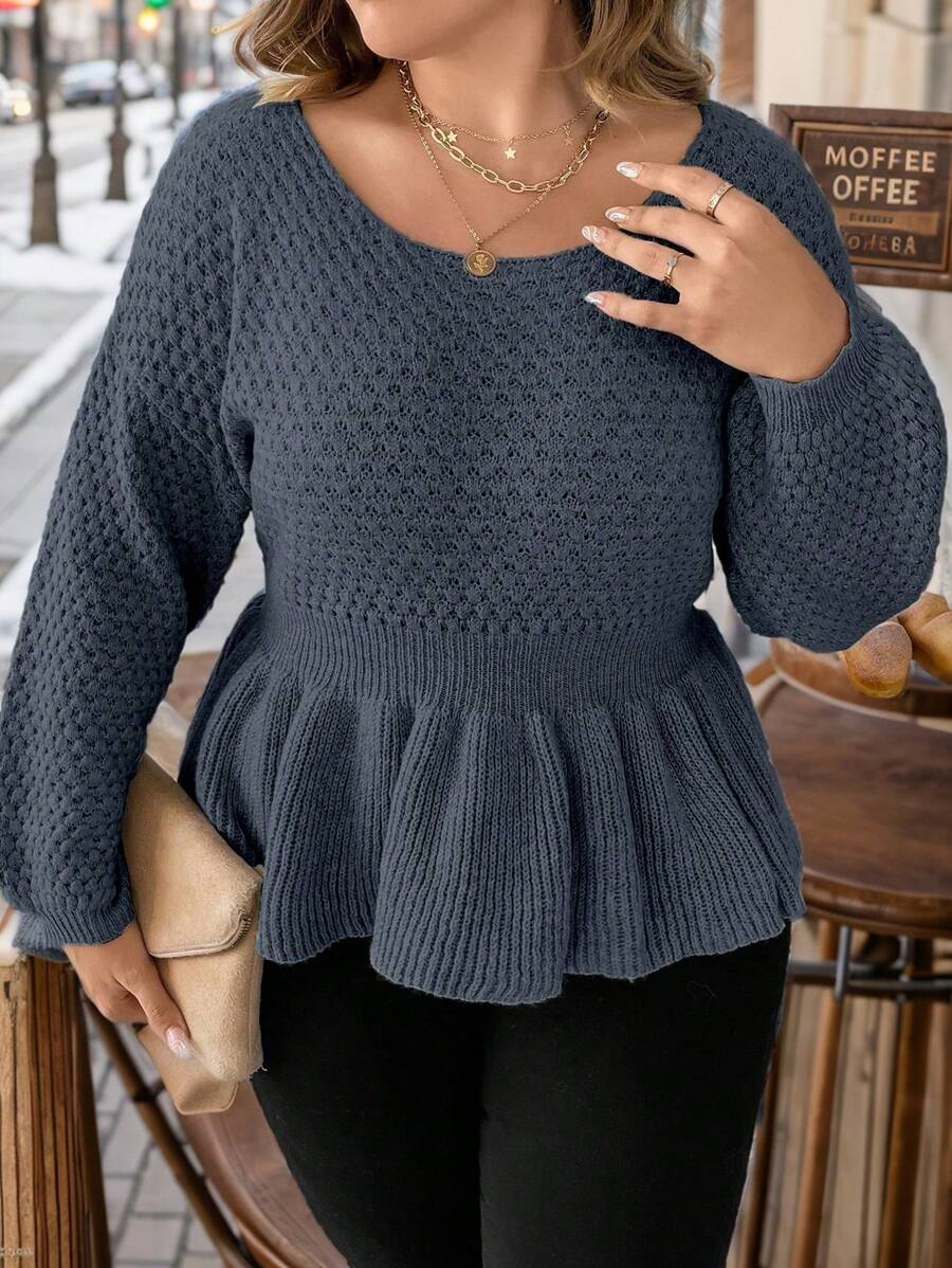 SHEIN LUNE Suéter feminino plus size com decote redondo e ombros caídos, bainha com babados, sólido, outono e inverno - Azul Real - Ver 1