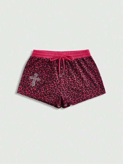 Grunge Punk Y2K Gyaru Streetwear Casual Rhinestone Cross & Leopard Print Drawstring High Waist Mini Shorts Plus Size, For Summer