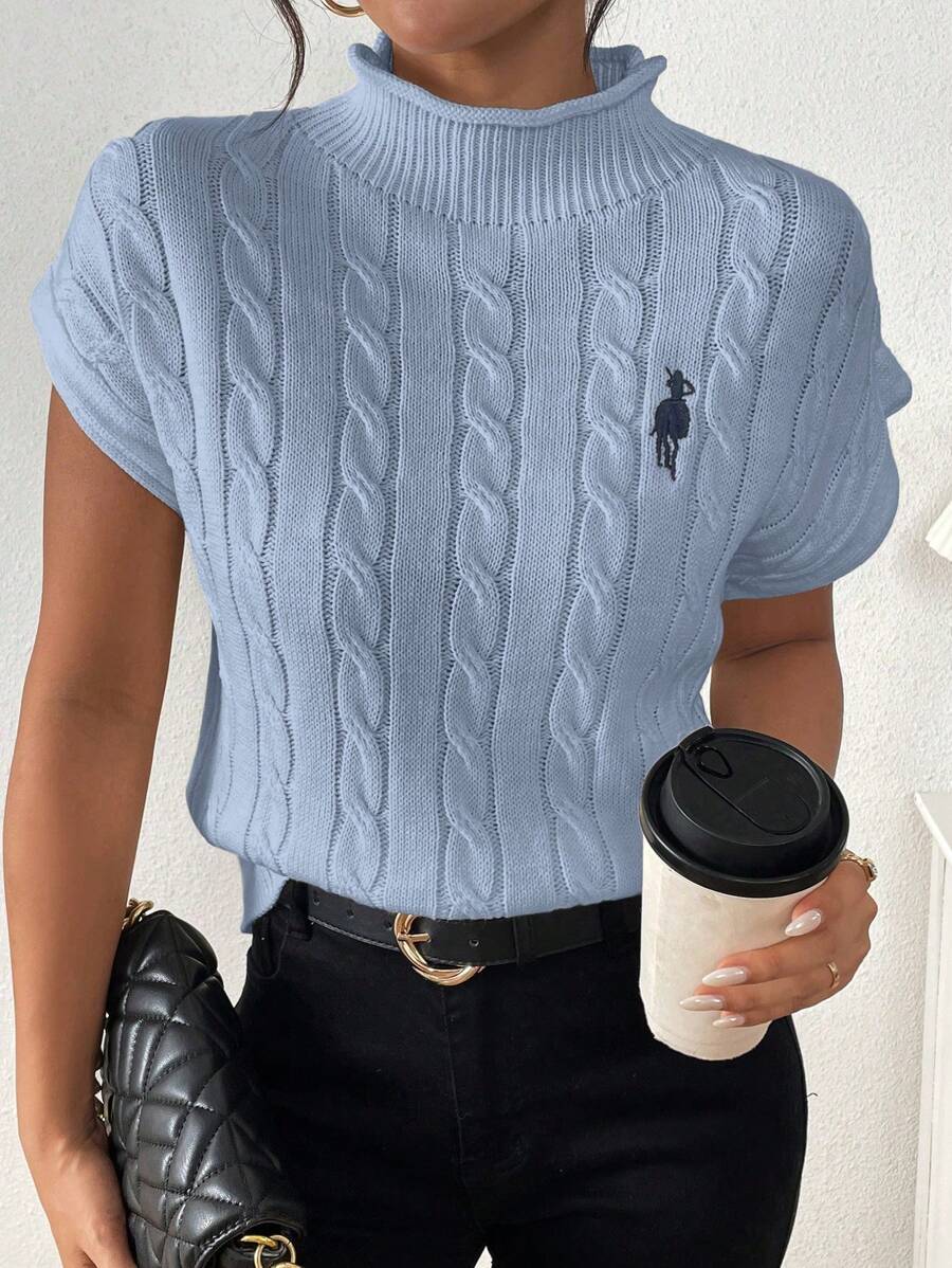 SHEIN LUNE Áo len dệt kim tay ngắn thêu cổ đứng màu trơn cho nữ - Màu xanh lam - Xem 1