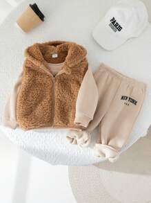 SHEIN Leap Crew Bộ 3 món/Bộ áo nỉ in chữ kaki dễ thương cho bé gái, quần dài và áo vest ấm áp mềm mại, mùa thu/đông - Màu Khaki - Xem 6