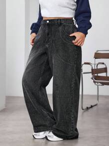 SHEIN EZwear Quần Jeans Ống Rộng Rộng Thường Ngày Cho Nữ Cỡ Lớn - màu đen - Xem 6
