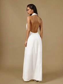 Poéselle 露背翻领无袖前扣腰线长款衬衫裙，休闲风格，休闲女装，可爱连衣裙，秋装，纯色，外套，日常休闲，正式女装，性感，露背，冬装，白衬衫，白色 - 白色 - 查看 2