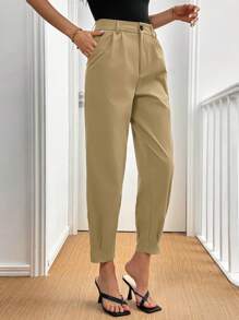 Xyvia 女式优雅纯色褶饰常规西装裤，秋季 - 卡其色 - 查看 5
