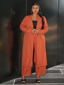Slaydiva Women Plus Size Brown Solid Color Blazer And Pants Suit, Business Commute - Rust Brown - View 7