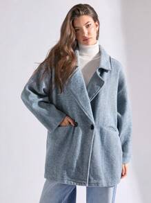 RueChic Lapel Neck Drop Shoulder Buttoned Coat - Beige - View 3