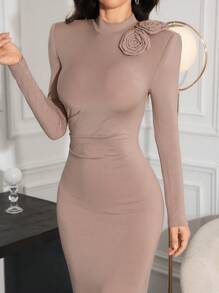 Modelyn Đầm dạ hội dài màu trơn cổ đứng thanh lịch phong cách Trung Đông trang trí đính vải trang trí - Màu Khaki - Xem 7