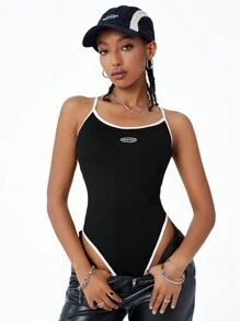 SHEIN EZwear Bộ đồ liền thân không tay có viền màu dành cho nữ - màu đen - Xem 4