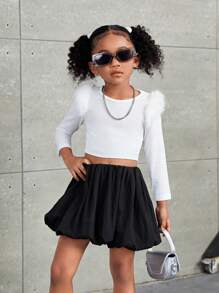 SHEIN Falda mini de diseño de burbuja de cintura baja de unicolor en tela cortaviento para niña, ropa de vuelta al colegio, estilo deportivo, estilo callejero, a juego madre e hija, para Navidad, excelente para uso casual y diario, y en otoño e invierno