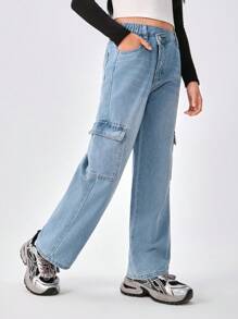 Girls Basic Casual Heavy Washed Asymmetrical Waist Multi-Pocket Loose Denim Jeans - Medium Wash - View 6