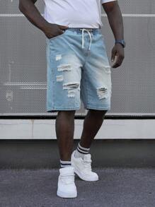 Manfinity Homme Men's Plus Size Ripped Drawstring Waist Denim Shorts Baggy Jorts Plain Light Blue Urban Street Wear Friends - Blue - View 6