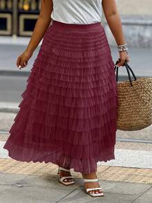 Plus Size Women Multi-Layer Mesh Ruffle Hem Skirt - Burgundy - View 3