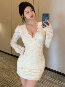 DAZY Women's Solid Color Lace Ruffle Bodycon Dress,Fall Clothes Long Sleeve Dress