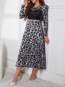 Modelyn Women's Elegant Leopard Print Patchwork Black Cinched Waist Long Sleeve Dress Long Evening Dresses Fall Cloth For Women - Black - View 4